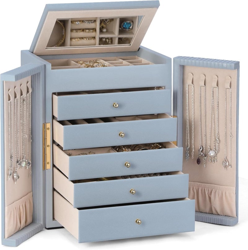 Dajasan Large Jewelry Organizer Box with Mirror, Jewelry Storage Organizer with 5 Drawers, 6-Tier Jewelry Gift Box for Women, Girls, Friends, Wife or Mother, Gift Idea (Smoky Blue) - Image 1